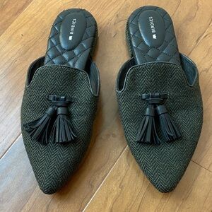 Birdies Women's Dove Tassle Green Herringbone Pointed Toe Chic Mule  Sz 7